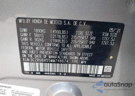 2021 Honda Hr-V Awd Ex from USA, damaged, VIN 3CZRU6H55MM748674
